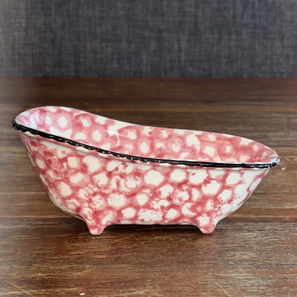 Vintage ENESCO IMPORTS JAPAN Ceramic BATHTUB Pink/White SPONGEWARE Soap Dish